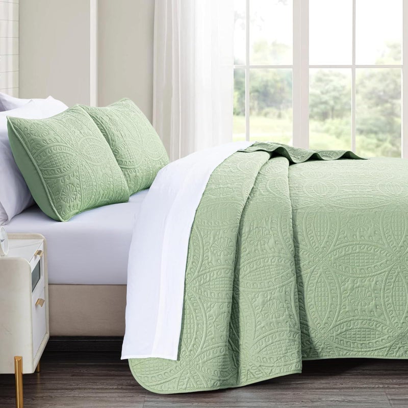akkialla King Size Quilt Set Sage Green Ultrasonic Bedspread Lightweight Soft Coverlet with Modern Coin Pattern All Season California King Bedding Set 3 Piece Set(1 Quilt 2 Pillow Shams) - Image 4